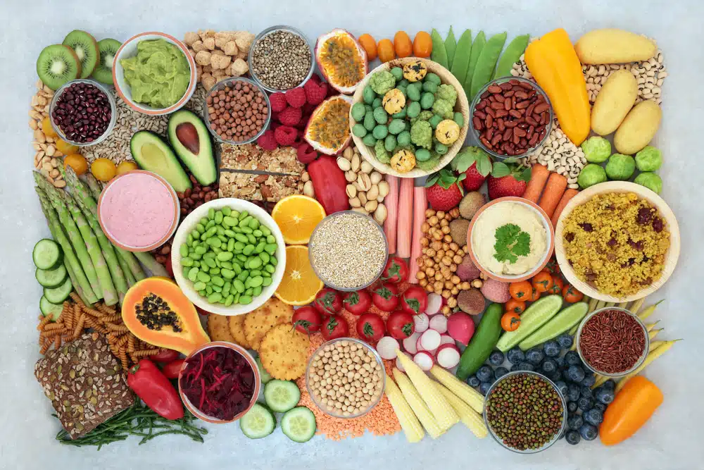 Overhead view of healthy, whole plant foods