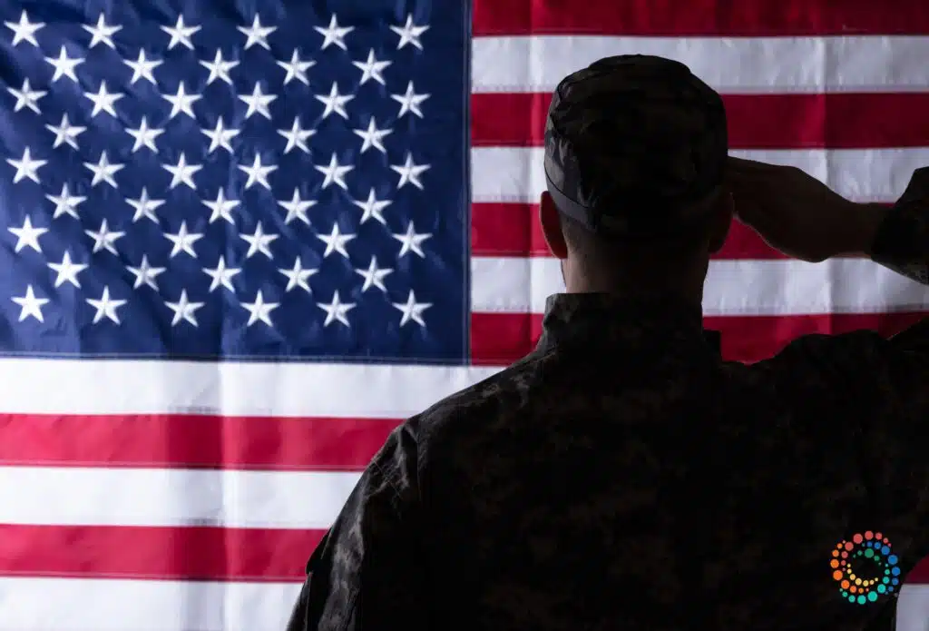 Soldier saluting the American flag
